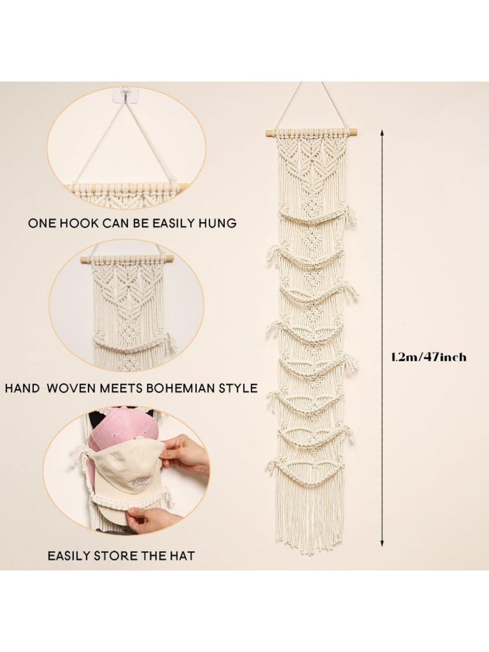 New Boho Macrame Over Door Baseball Cap Holder Wall Hat Organizer 16 Hat Rack - Picture 2 of 6